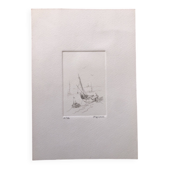 Gravure pointe seche signée paul girol. eau forte marine barque bateau voilier mer bretagne 1961