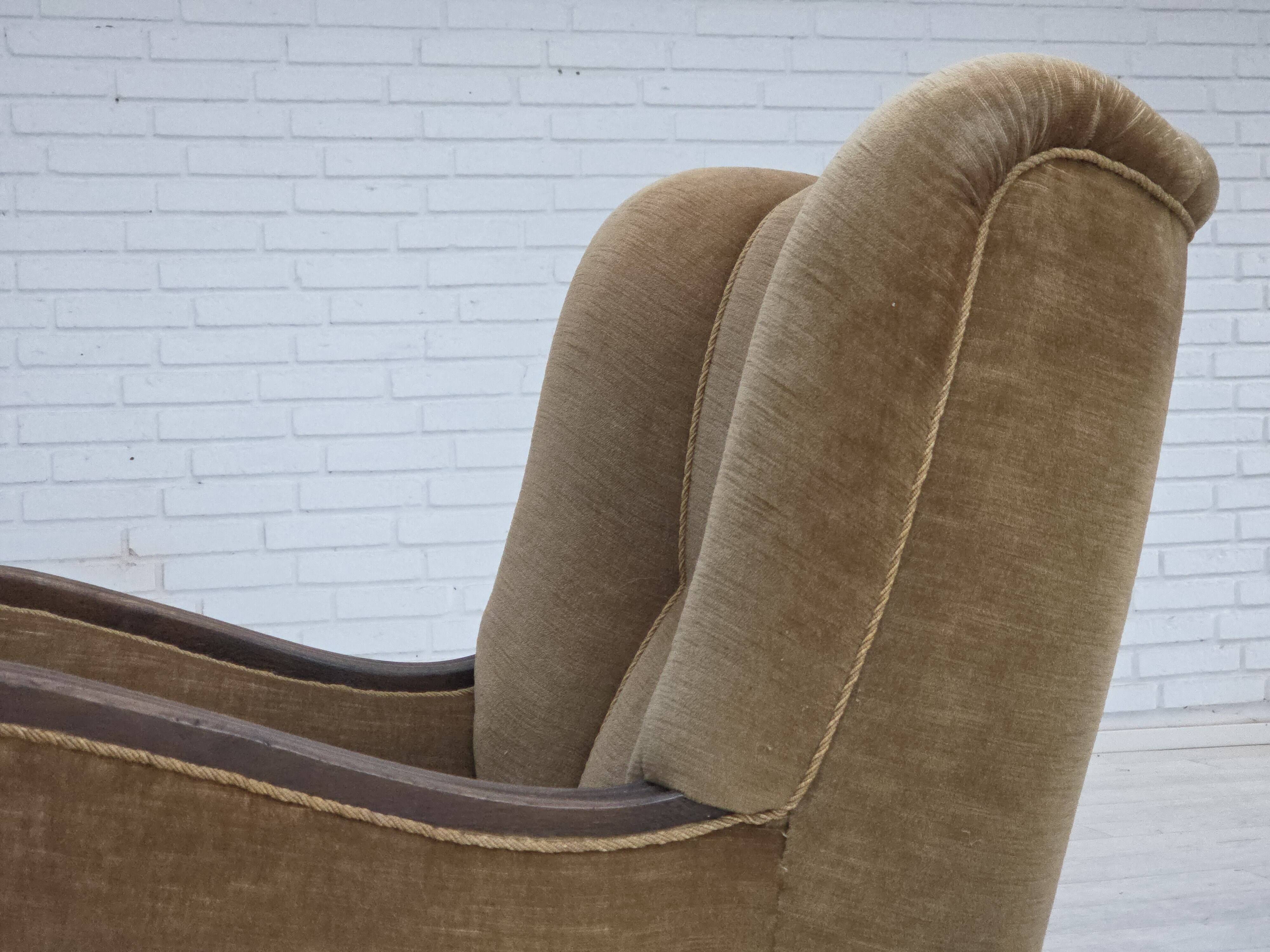 1960s, Danish relax chair, original green furniture velour, oak wood.