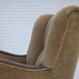 1960s, Danish relax chair, original green furniture velour, oak wood.