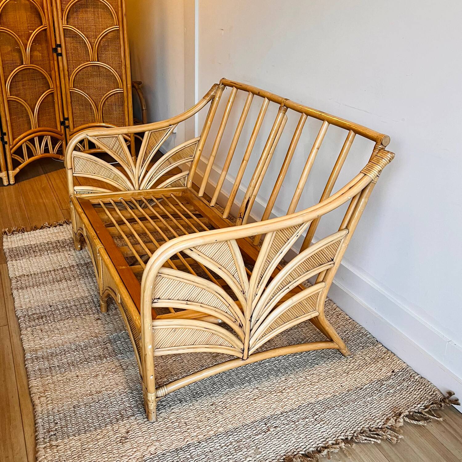 Rattan Bamboo lounge set coach and  2 armchairs