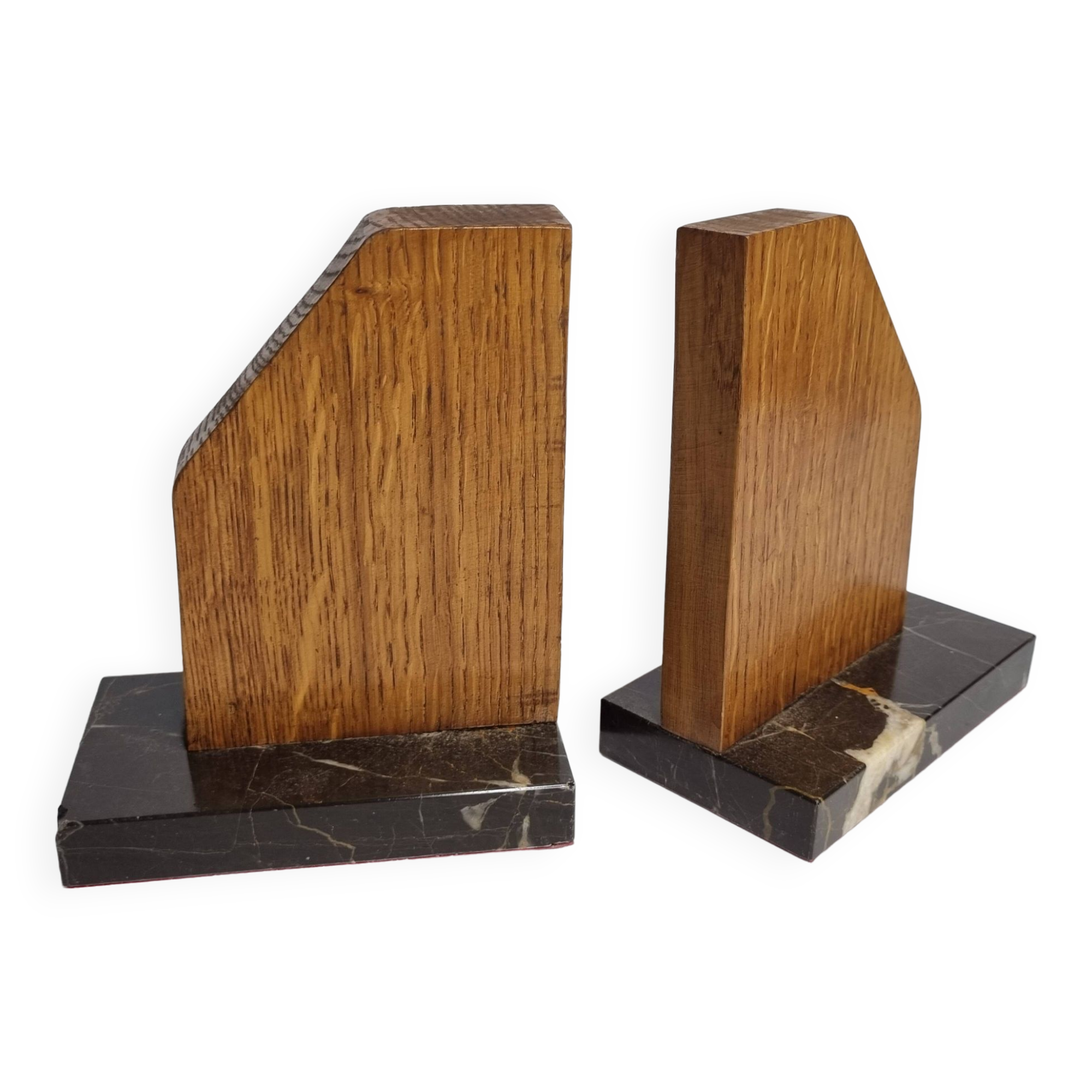 Pair of Art Deco bookends in solid wood and veined black marble