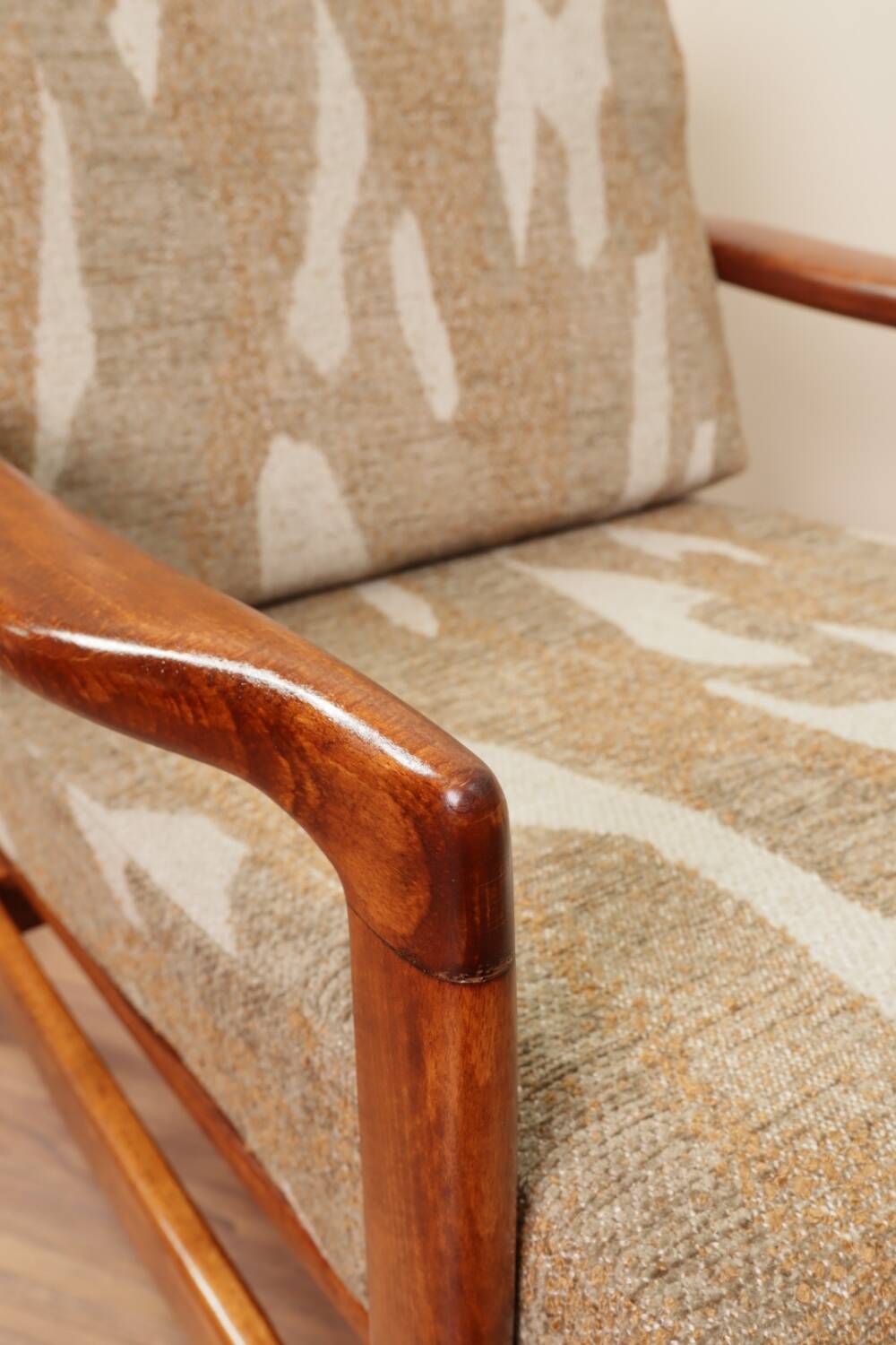 Vintage armchair in safari beige, 1965 mid-century modern design.