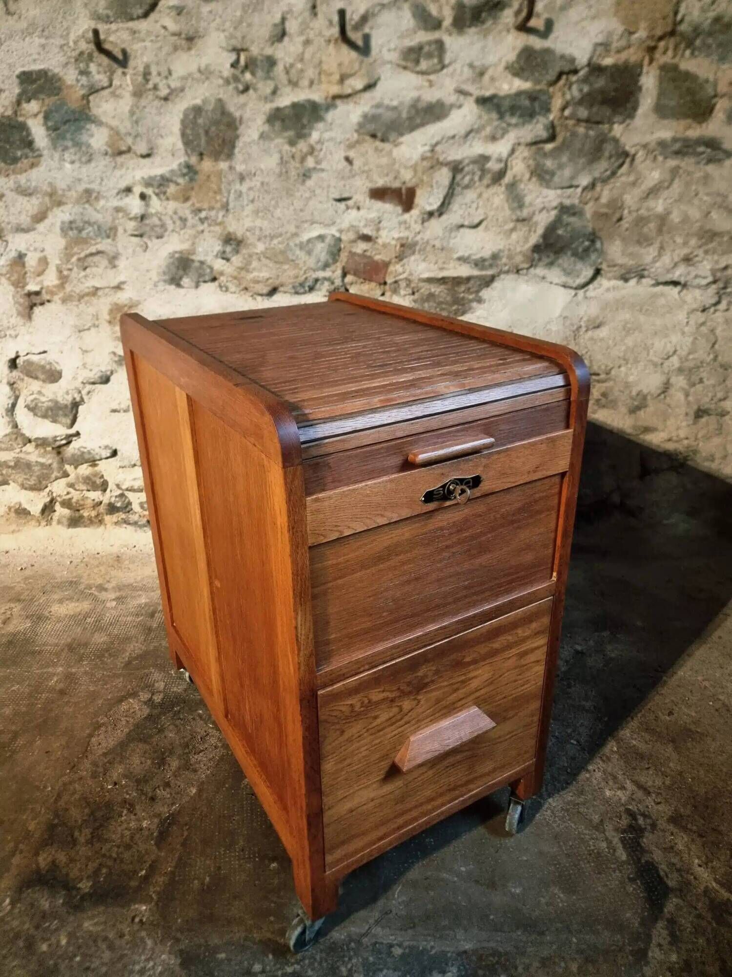 Vintage French oak office rolling cabinet with tambour door, 1950s.