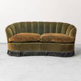 Divano 2 posti in velluto verde con frange anni ’40 vintage