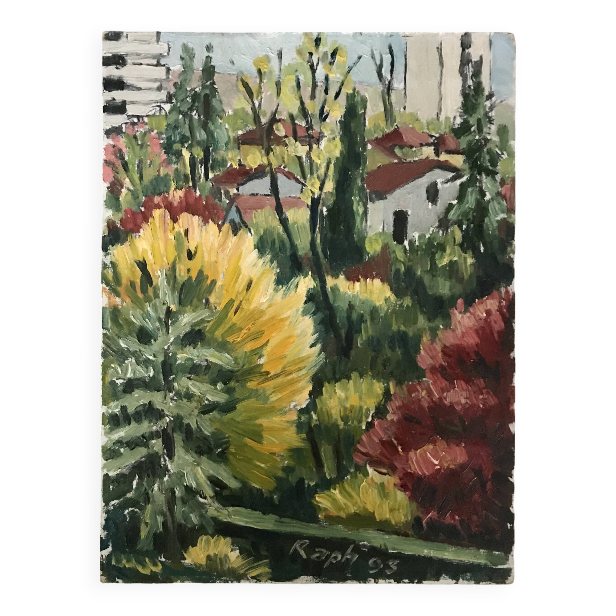 Small oil on Isorel "Flowering view"