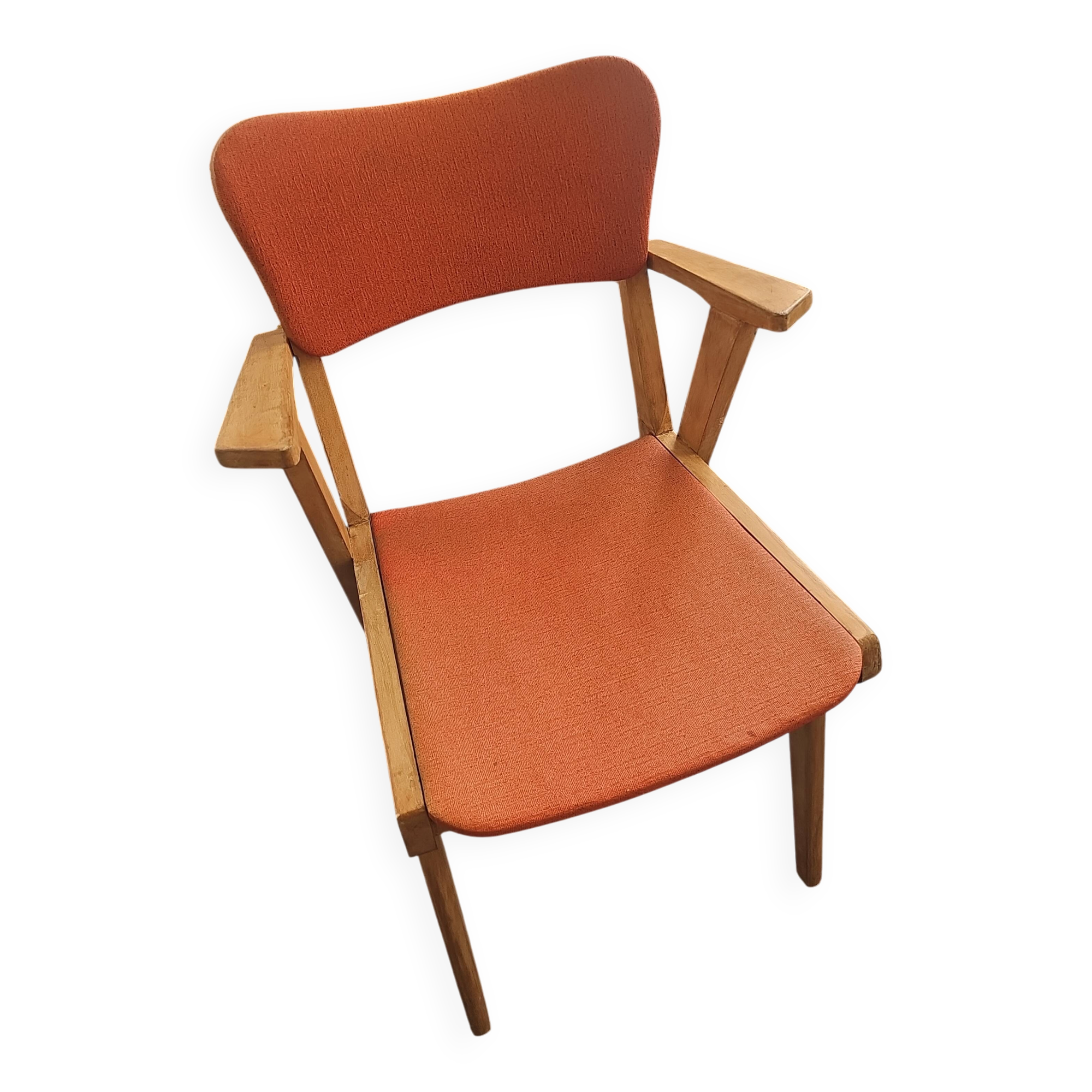 Modernist armchair in wood and orange fabric