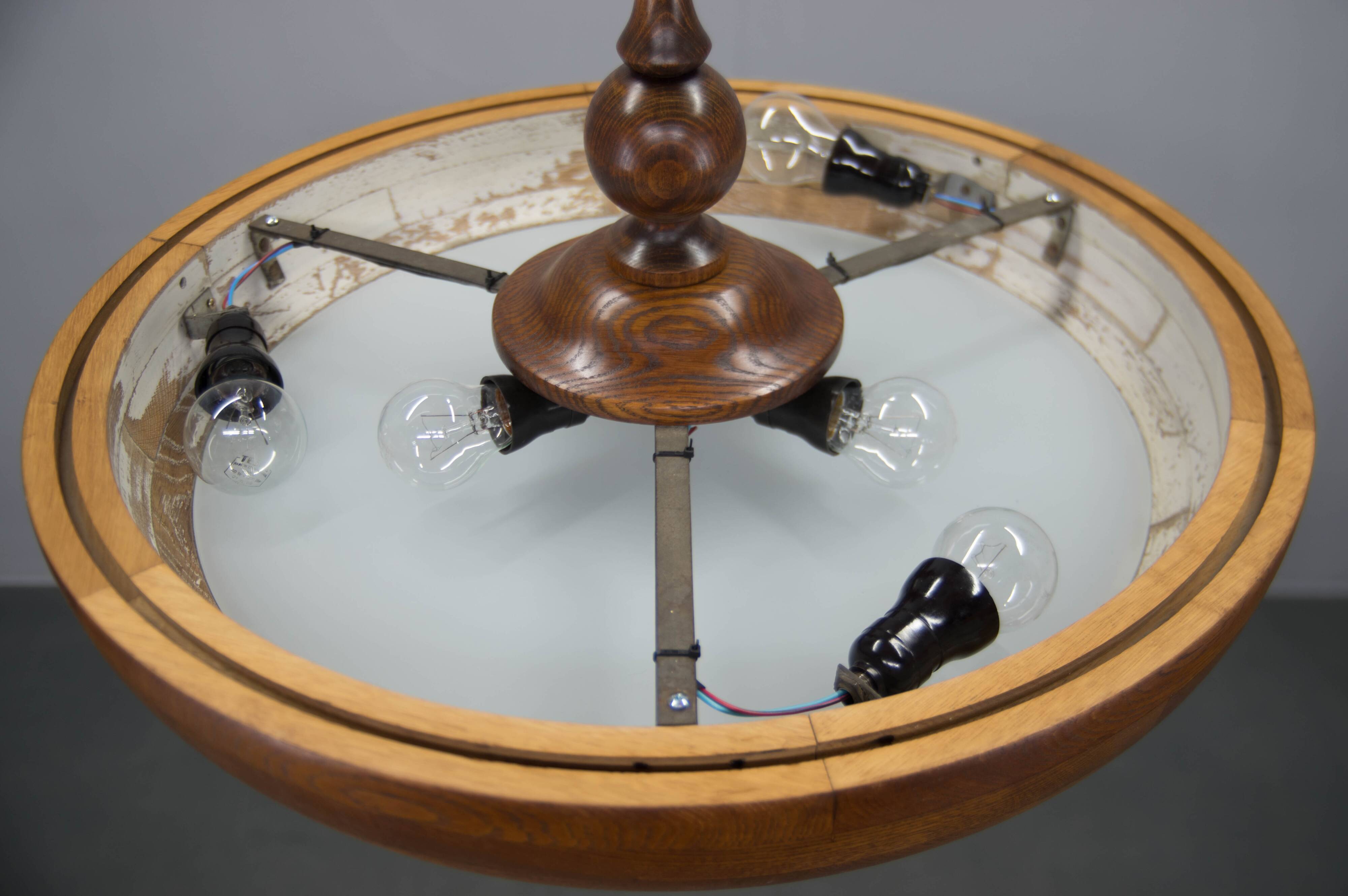 Large wooden art deco ufo chandelier, 1930s