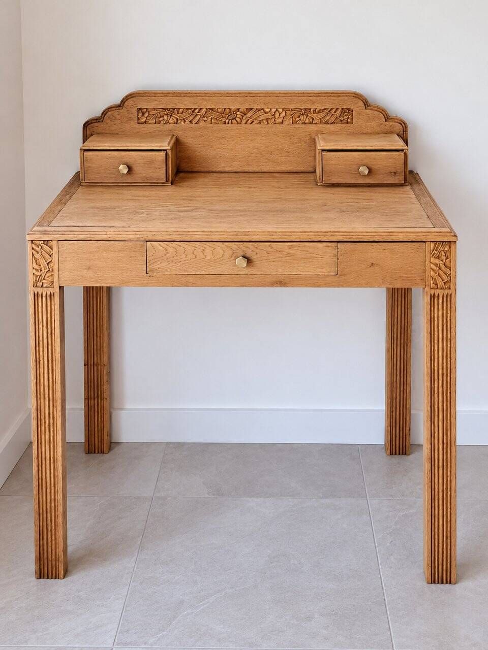 Art Deco oak desk, stripped finish, console size, 3 drawers.