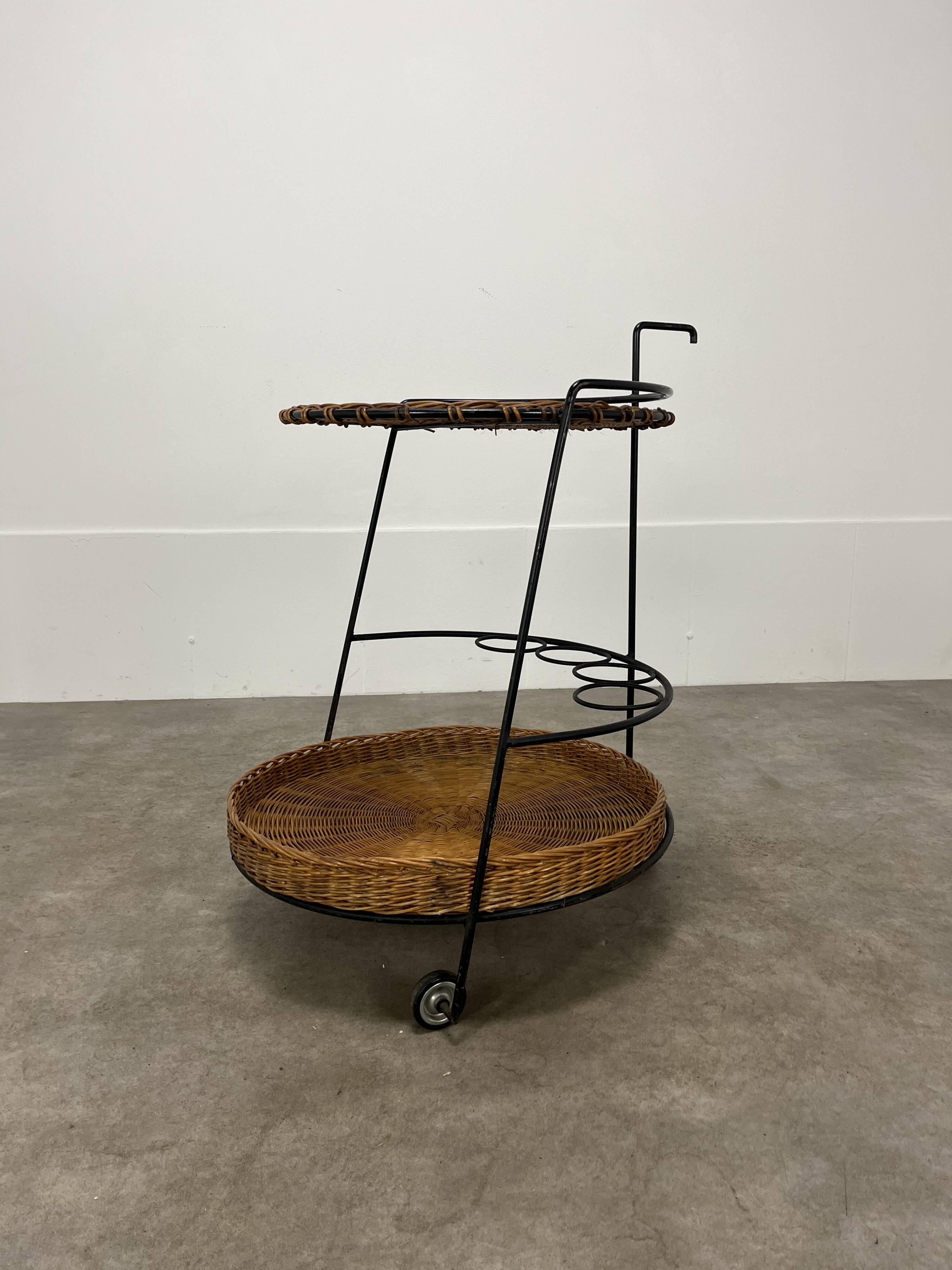 Raoul Guys style metal and rattan serving trolley from the 50s