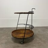 Raoul Guys style metal and rattan serving trolley from the 50s