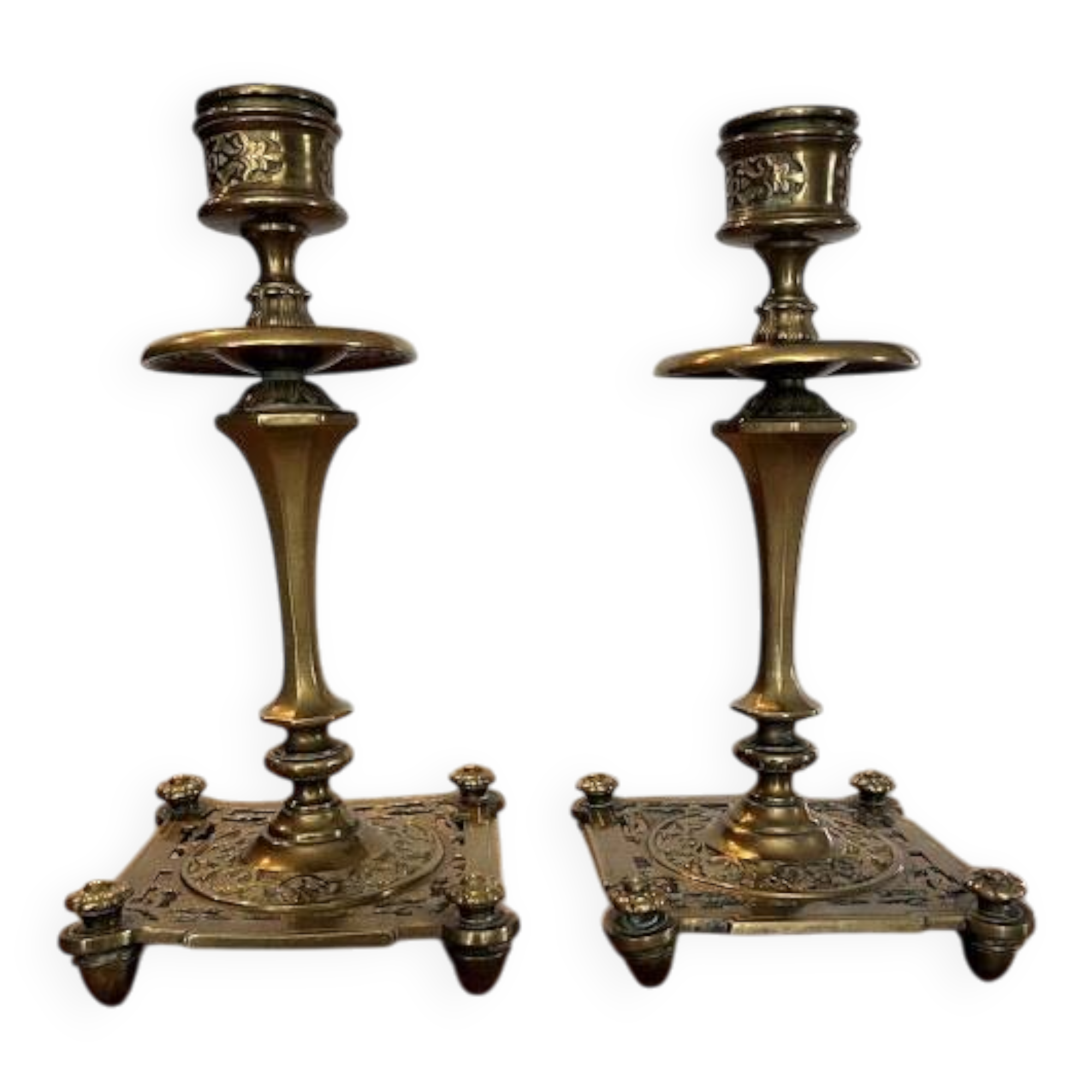 Pair of candlesticks, antique brass, 19th century, signed Prachthauser