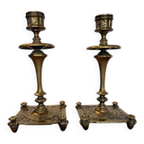 Pair of candlesticks, antique brass, 19th century, signed Prachthauser