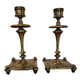 Pair of candlesticks, antique brass, 19th century, signed Prachthauser