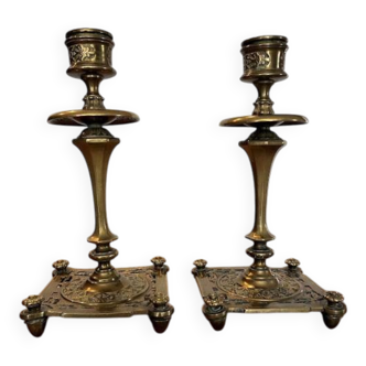 Pair of candlesticks, antique brass, 19th century, signed Prachthauser
