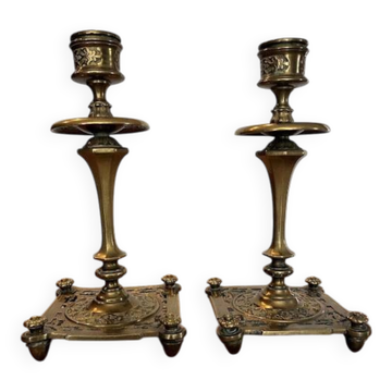 Pair of candlesticks, antique brass, 19th century, signed Prachthauser