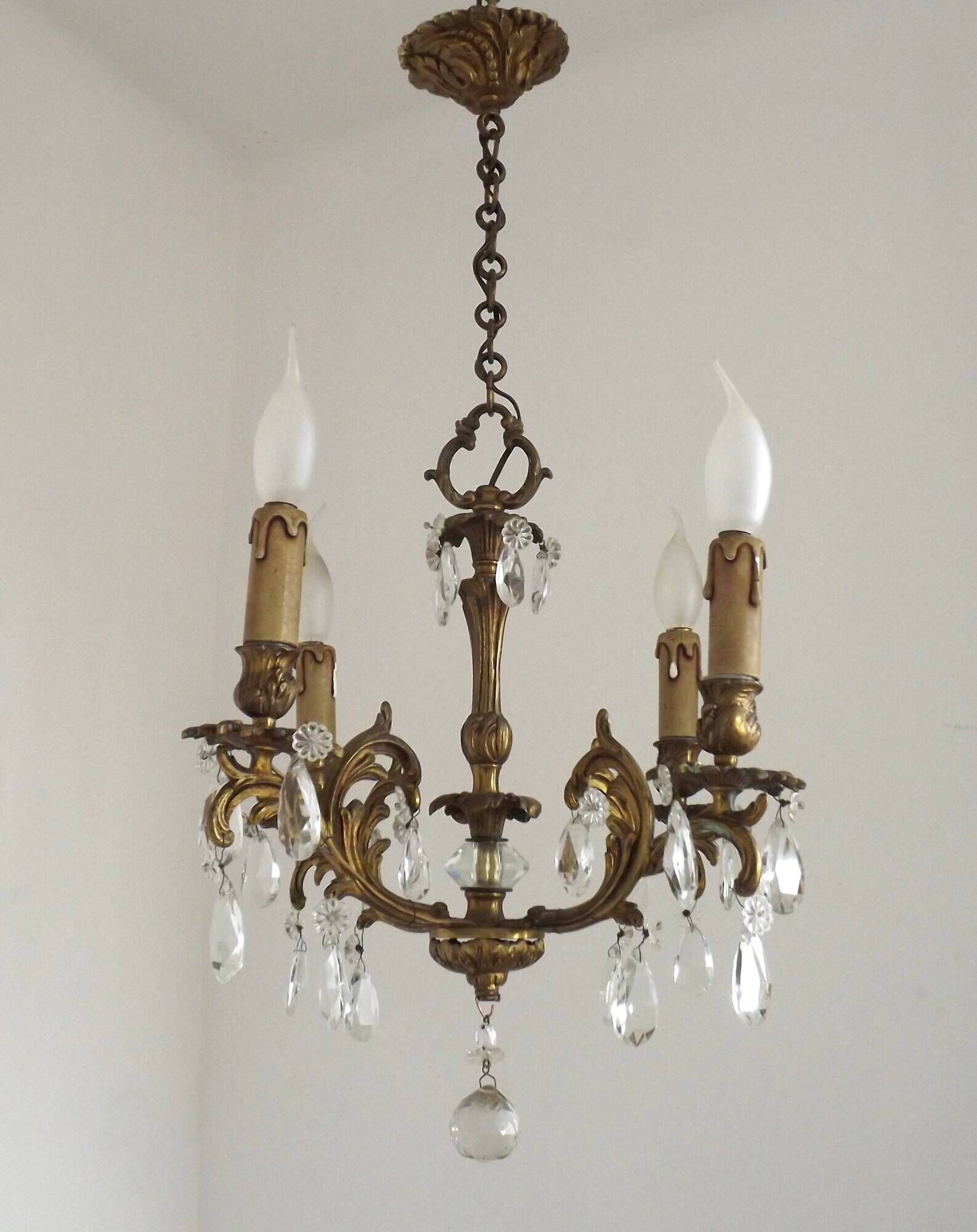 French Vintage Bronze and Glass 4 Light Art Nouveau Crystal Chandelier