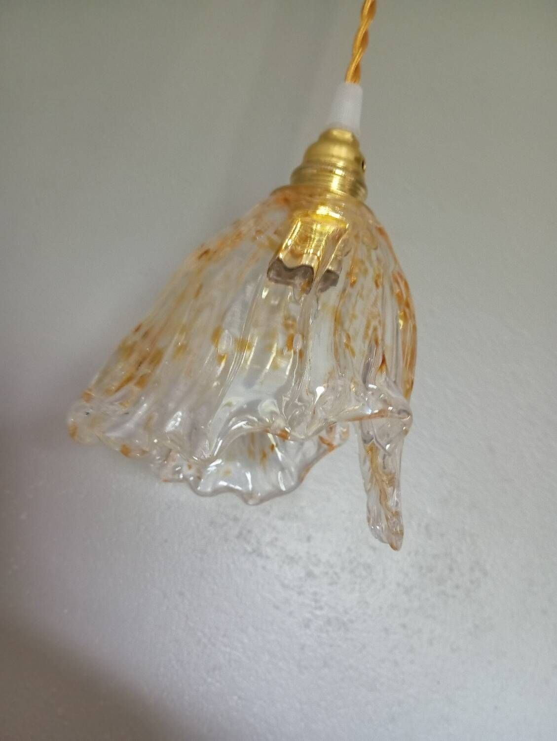 Hanging pendant light thick transparent draped and amber glass, vintage
