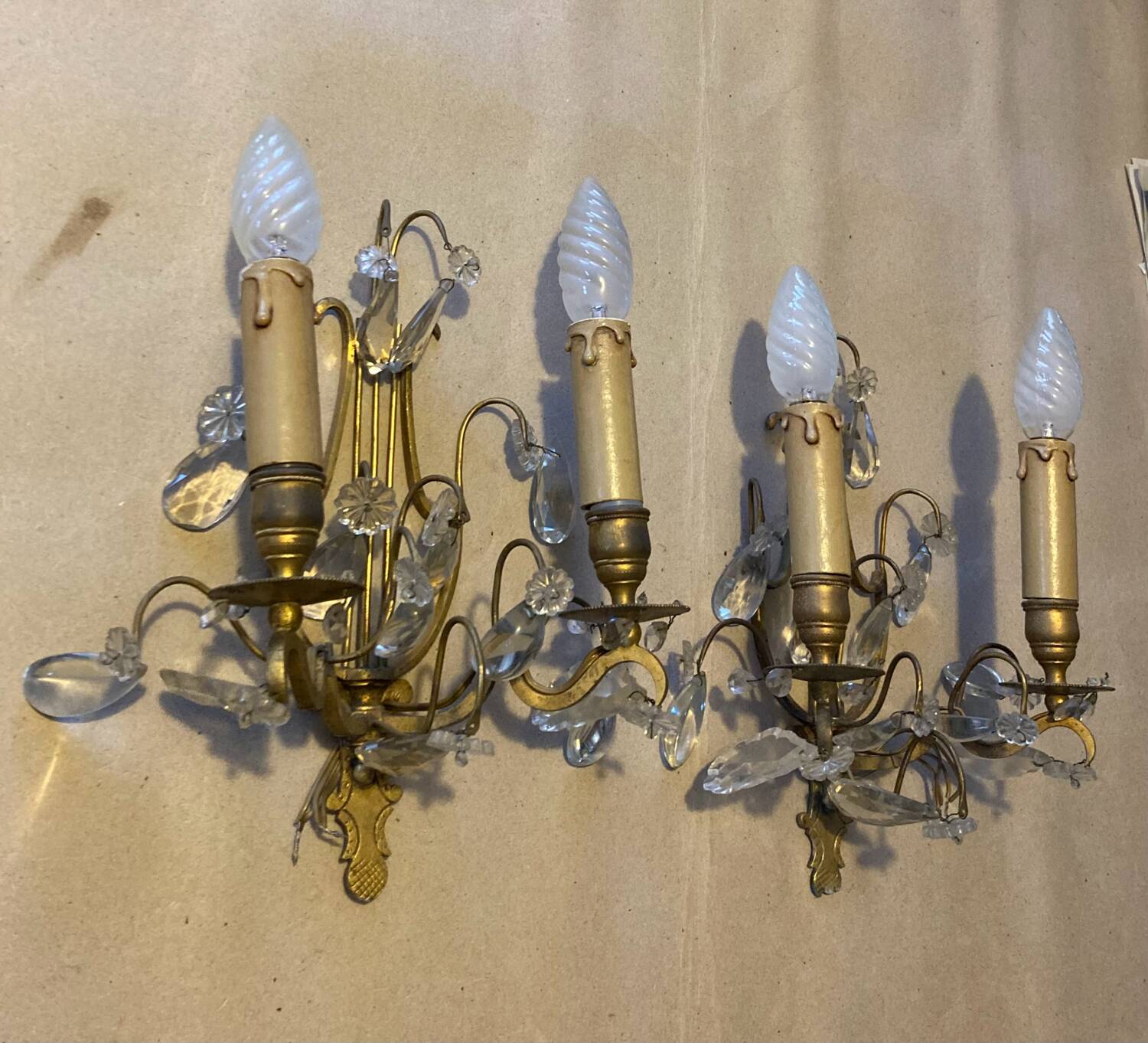 19th century Lyres wall lights in bronze, brass and glass pendants