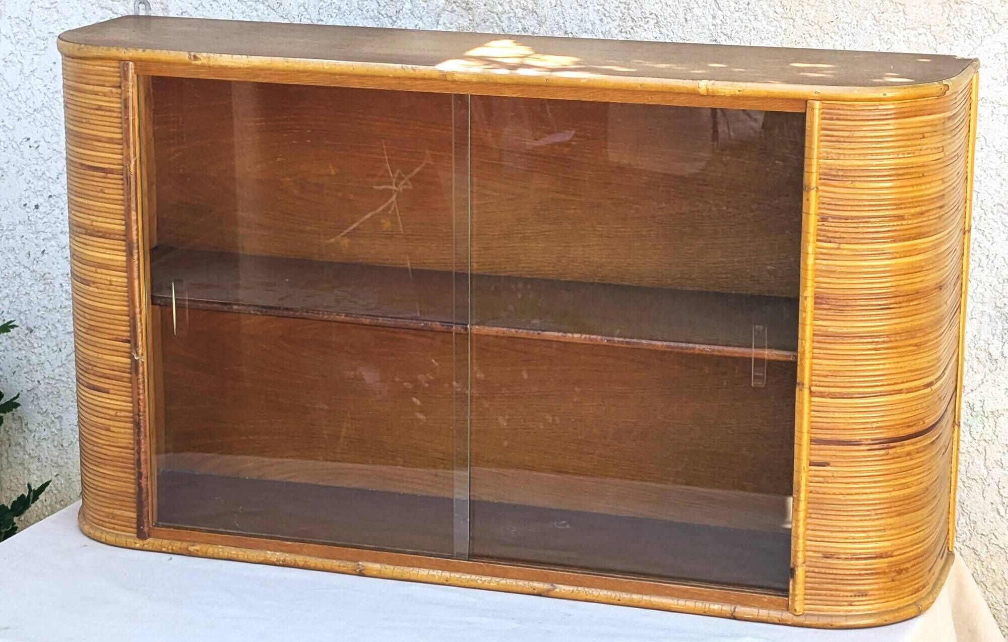 Vintage Glass Wall Shelf in Wood and Rattan, Rounded Corners