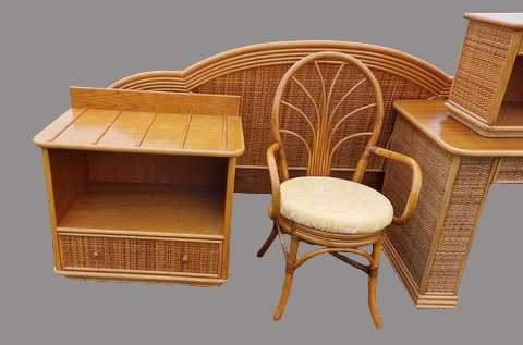 Rattan room, desk, suitcase door, headboard, 2 bedside tables, a chair
