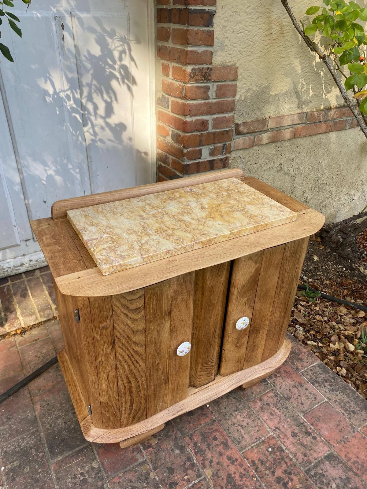 Small accent table / Art Deco bedside table in solid oak and beige marble