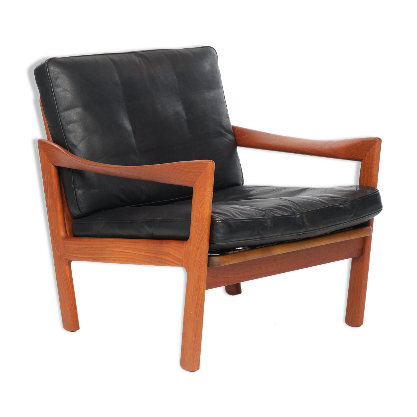 Armchair by Illum Wikkelsoe, leather and teak, vintage, 1960. Renewed belts.