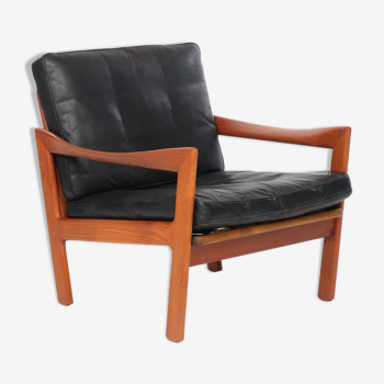 Armchair by Illum Wikkelsoe, leather and teak, vintage, 1960. Renewed belts.
