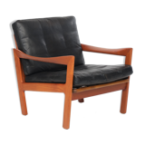Armchair by Illum Wikkelsoe, leather and teak, vintage, 1960. Renewed belts.