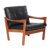 Armchair by Illum Wikkelsoe, leather and teak, vintage, 1960. Renewed belts.
