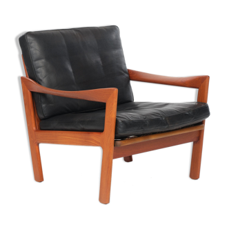 Fauteuil par Illum Wikkelsoe, cuir et teck, vintage, 1960. Ceintures renouvelées.