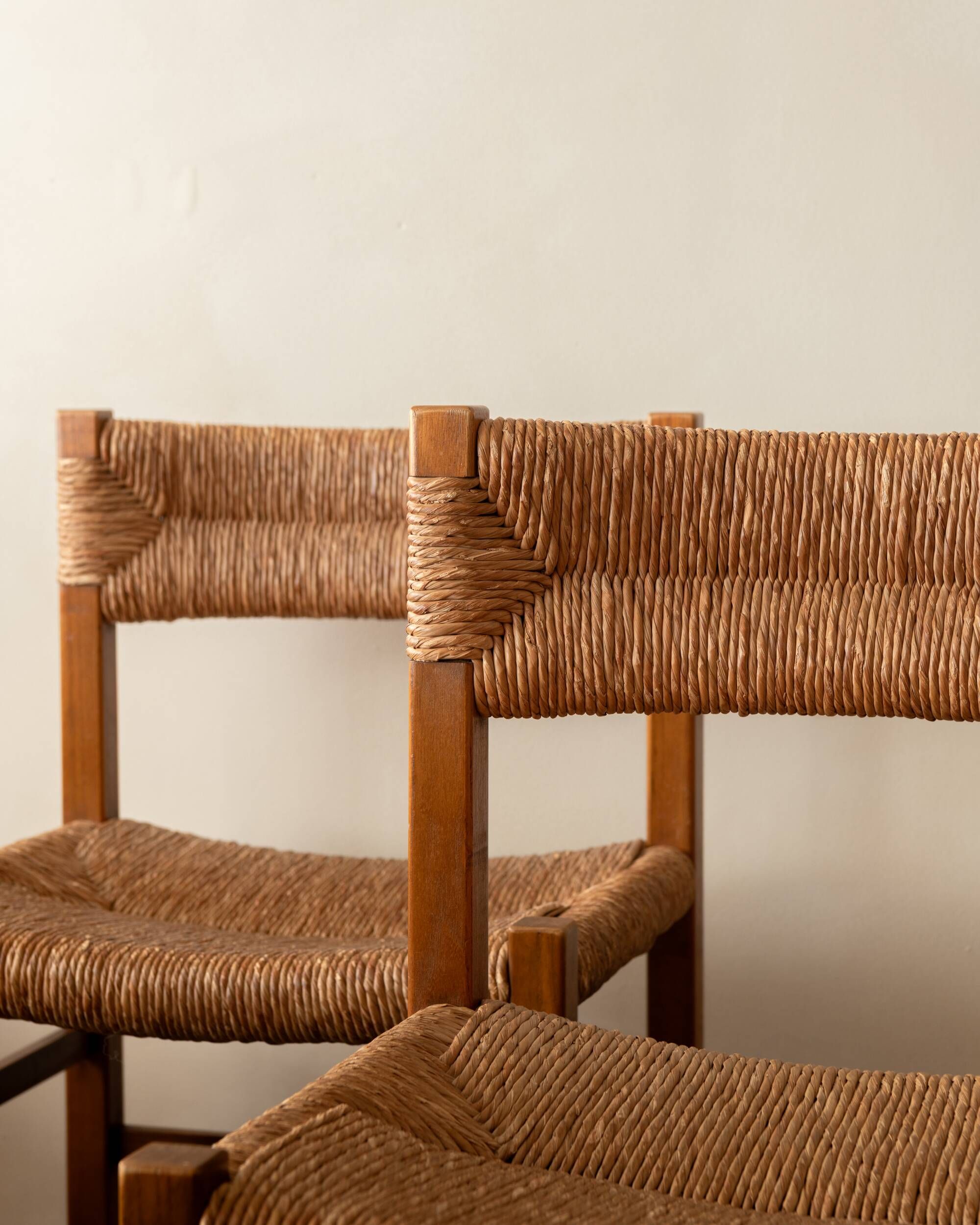Vintage set of six French mid-century dining chairs in wood and rush, 1960s