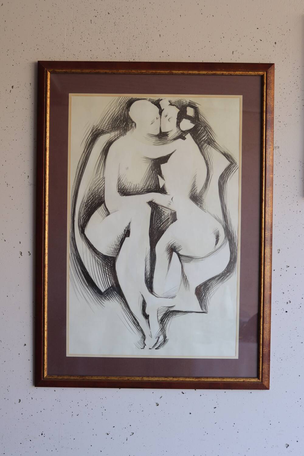 Large framed ink drawing – Embracing couple