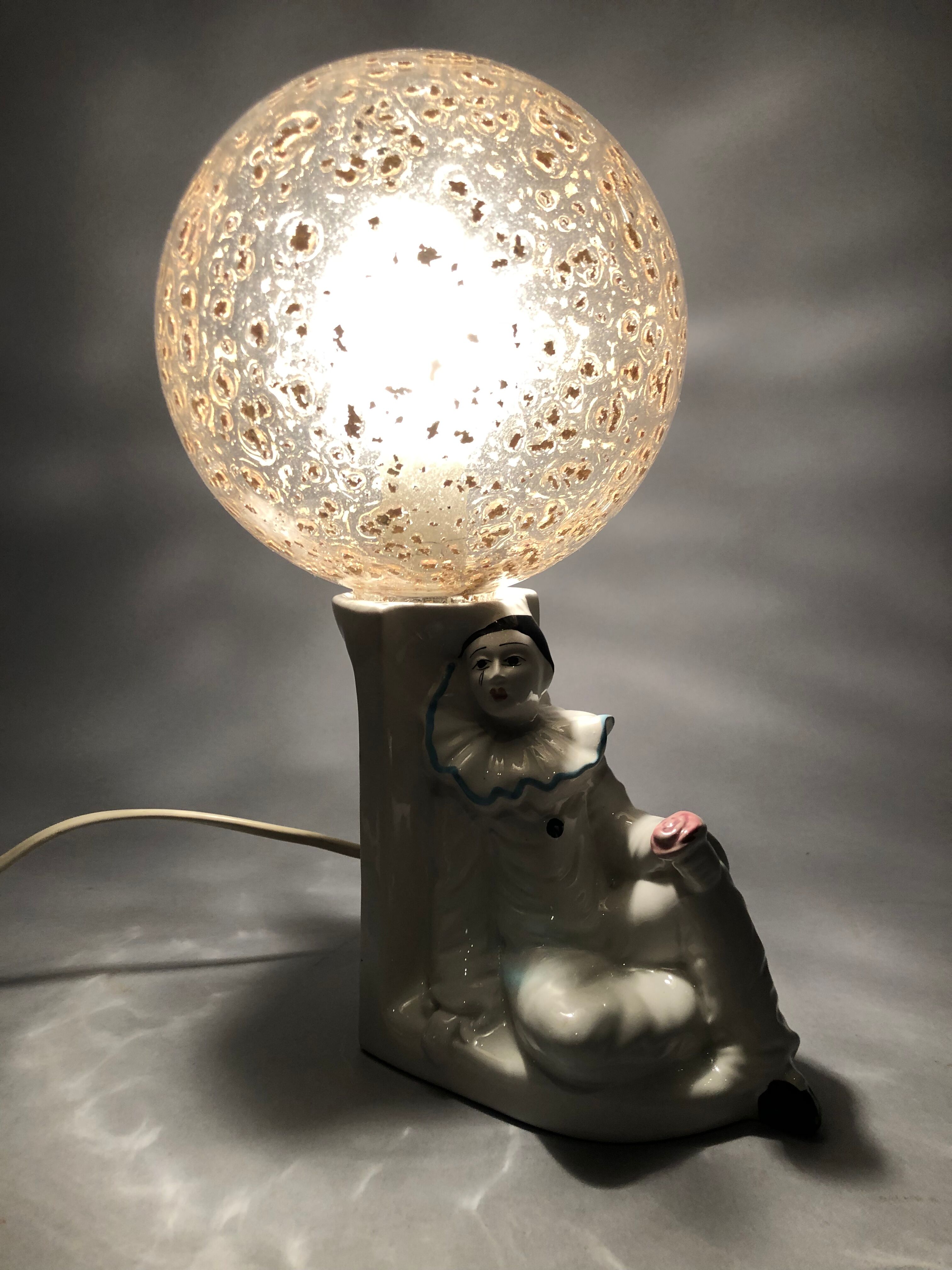 Vintage Pierrot bedside lamp from the 70s, porcelain, inlaid glass globe