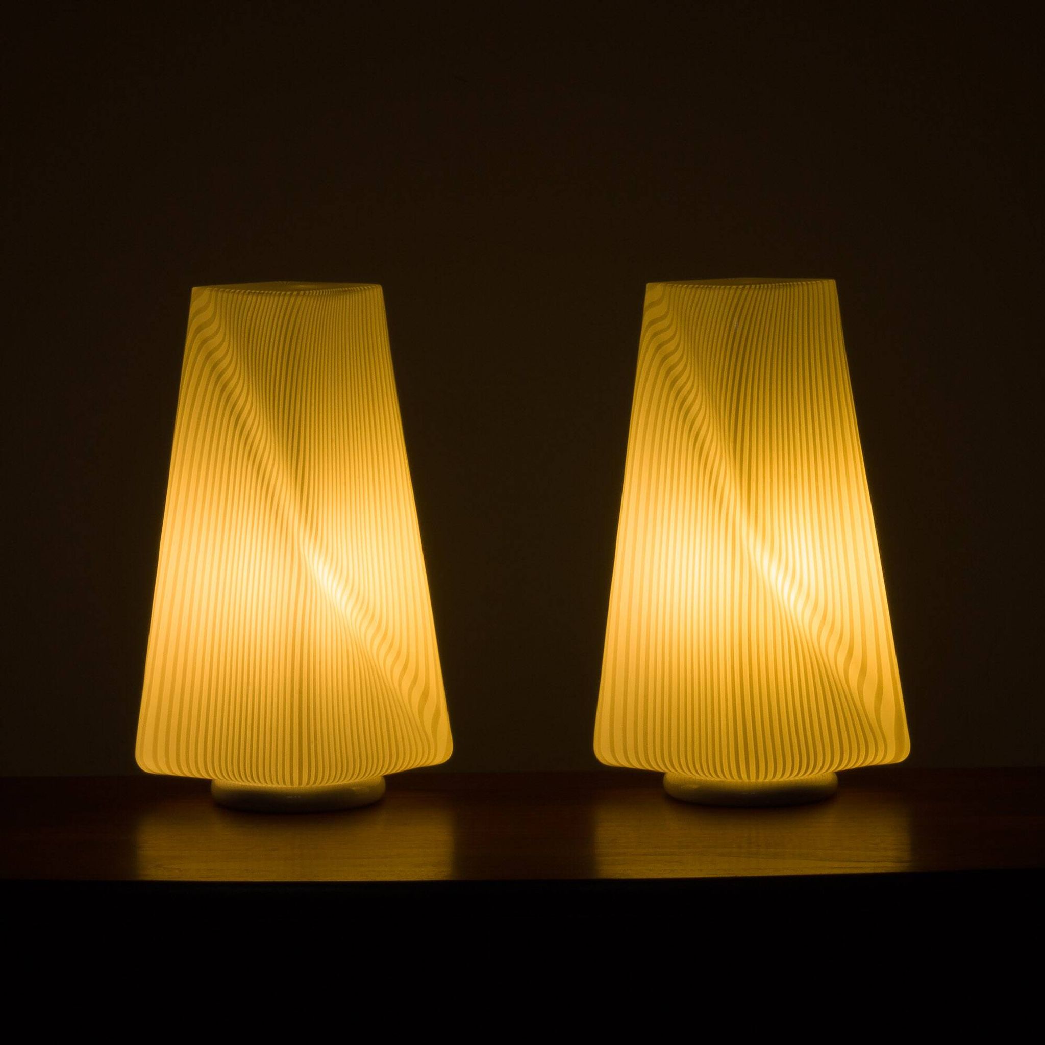 Pair of Italian striped Murano glass table lamps in style of Lino Tagliapie