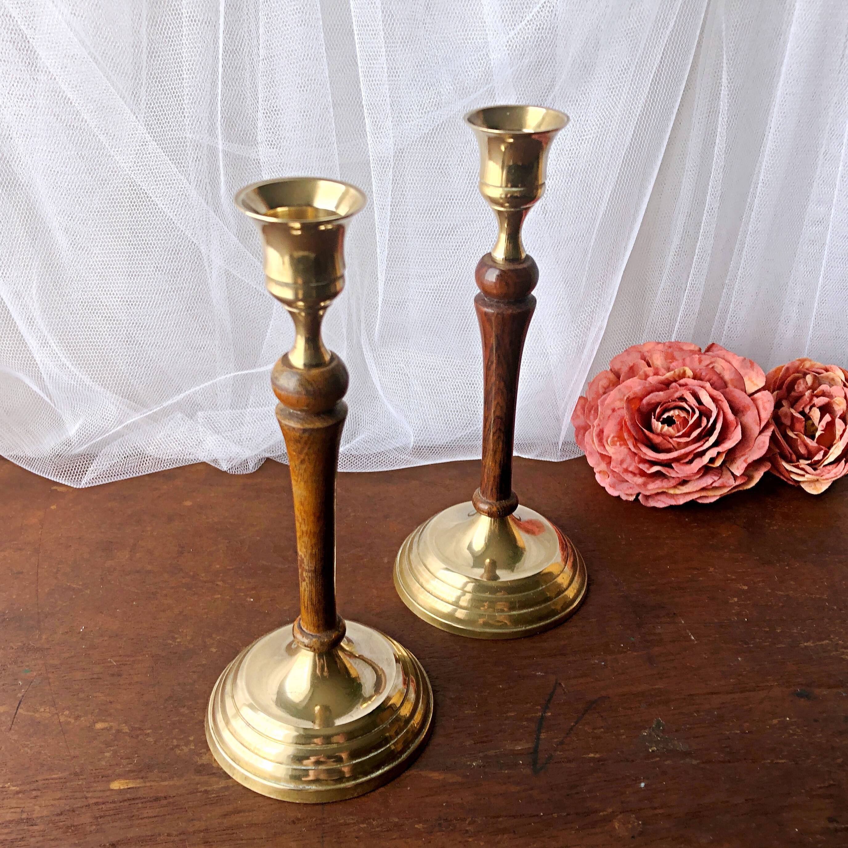 Pair of gilded brass and vintage Indian wood candlesticks