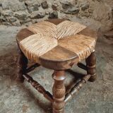 Vintage beechwood stool with straw seat – France, 1950s