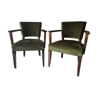 Paire de bridges en velours vert et bois foncé