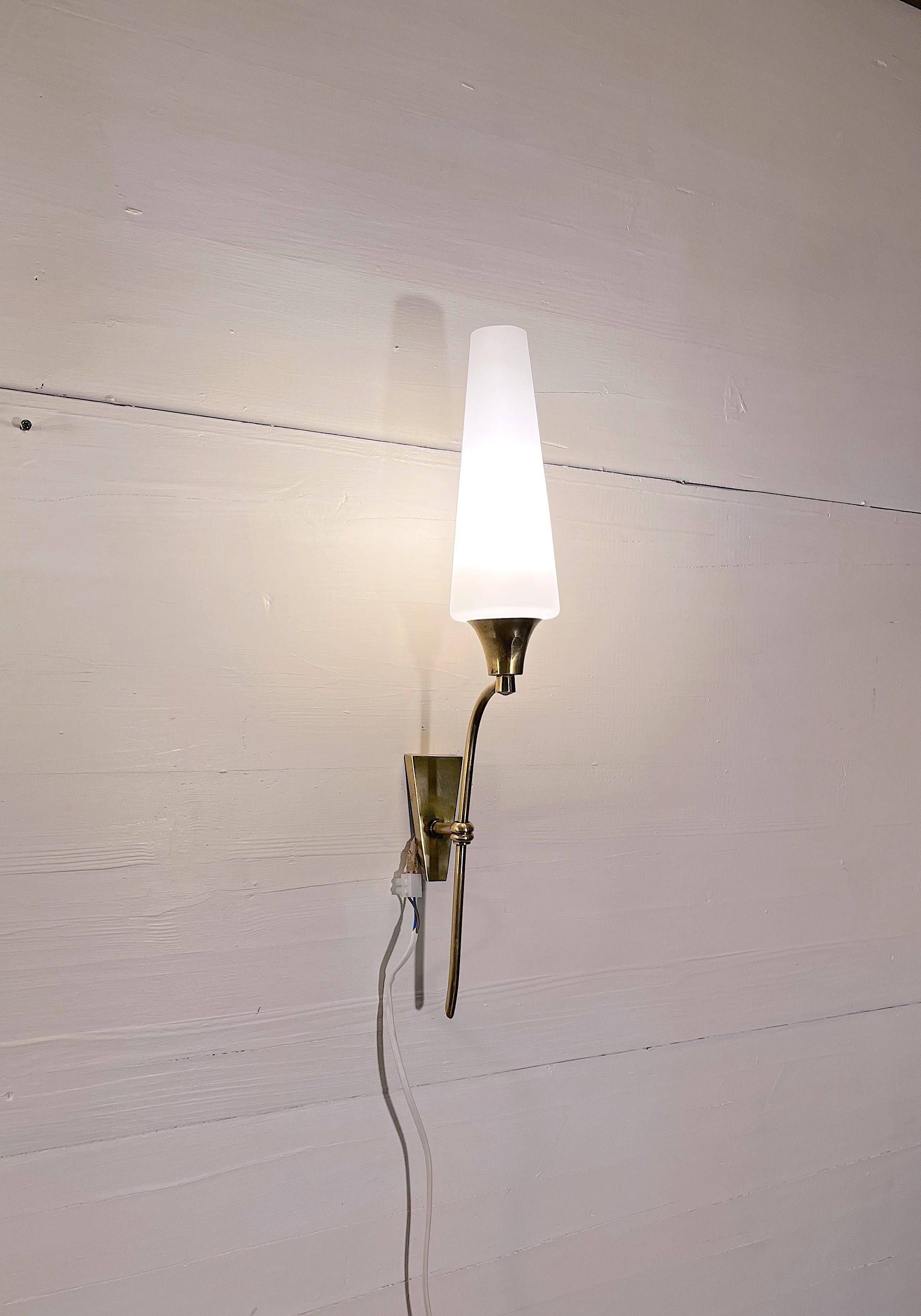 Pair of tall brass and white opaline sconces, mid-century France
