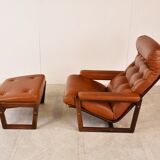 Vintage leather armchair with hocker, 1970s