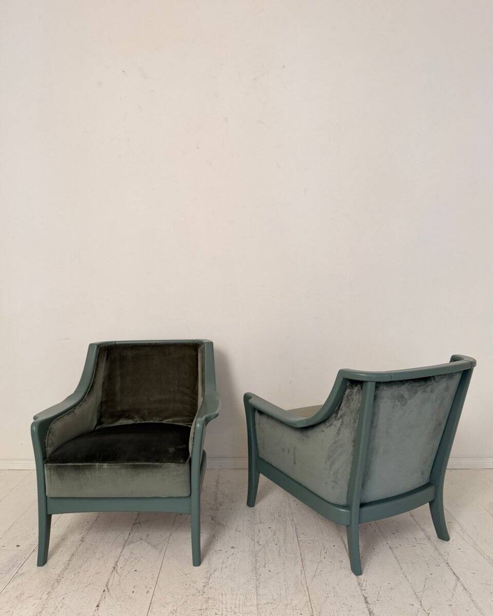 Pair Lounge Chairs in green velvet and lacquered wood, France, 1950