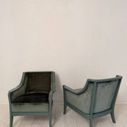 Pair Lounge Chairs in green velvet and lacquered wood, France, 1950