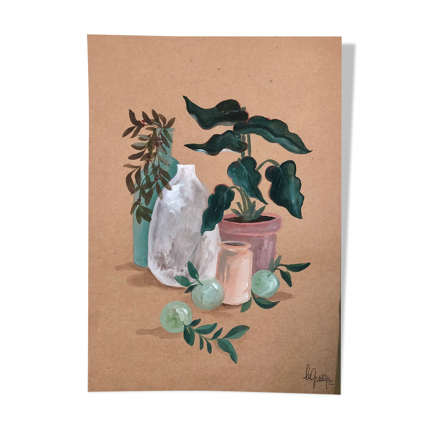 Painting A4 Pottery and green plants