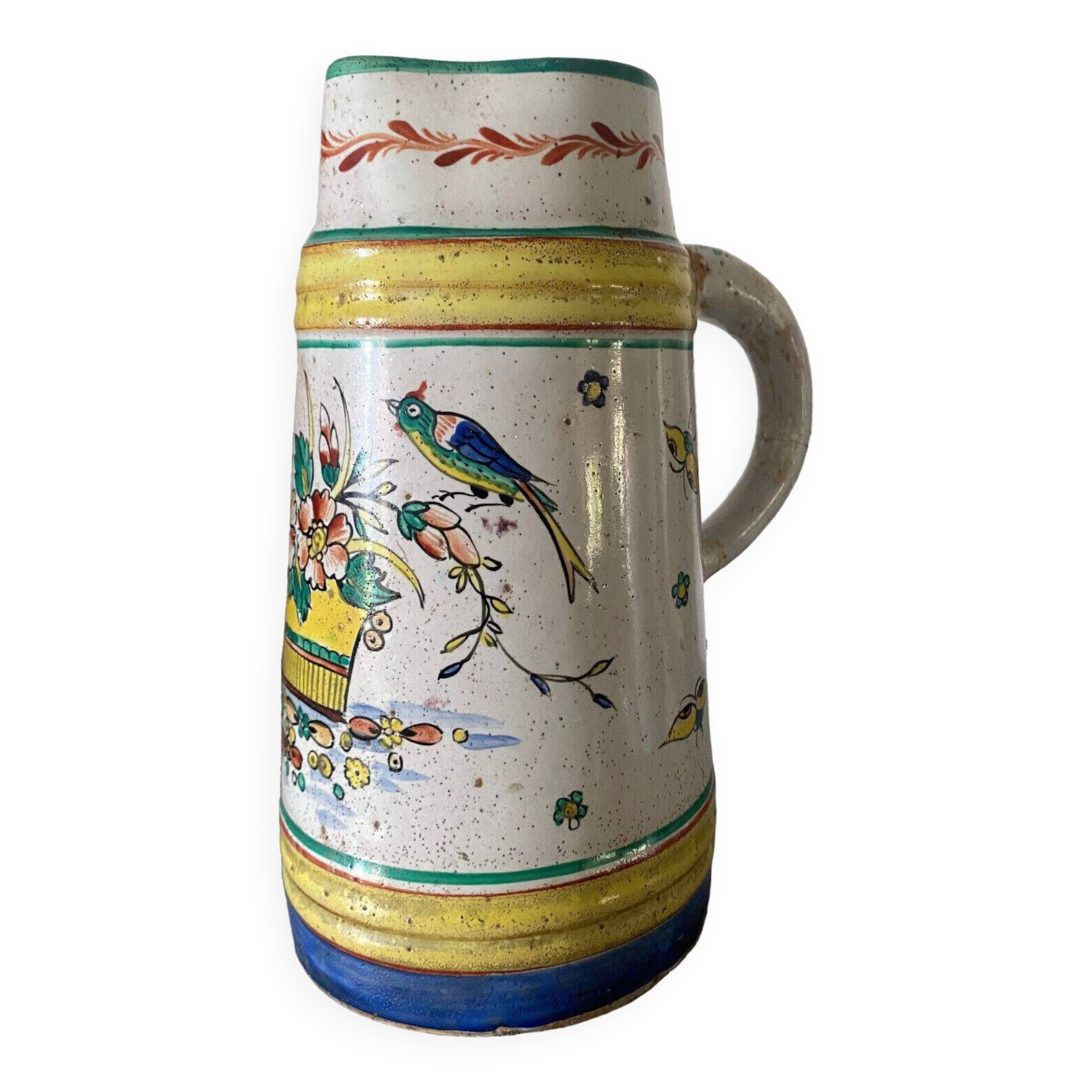 Old ceramic pitcher (18th century?) decorated with polychrome exotic birds