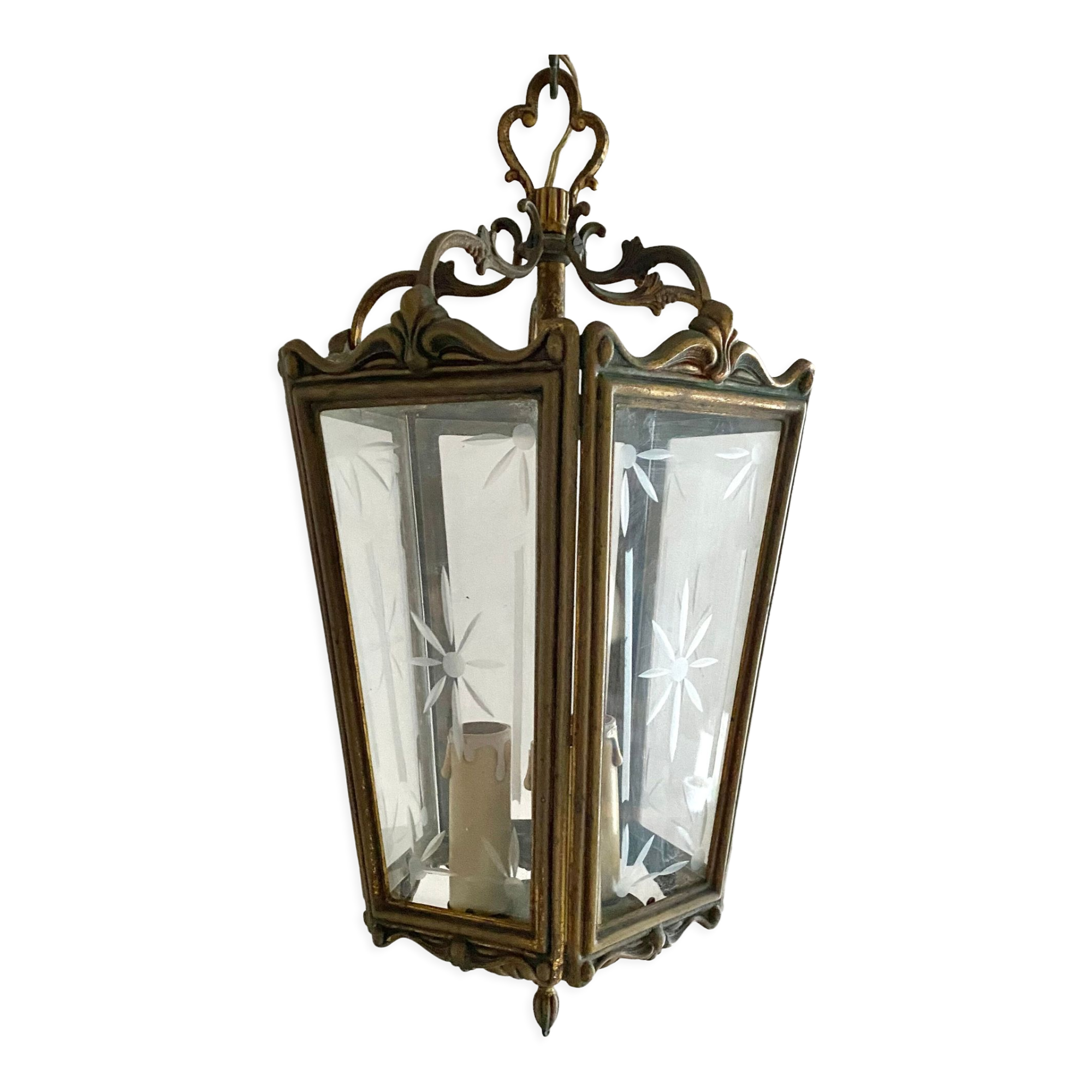 Old suspension lamp in brass and glass 3 burners