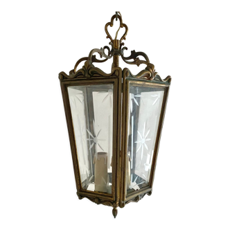 Old suspension lamp in brass and glass 3 burners