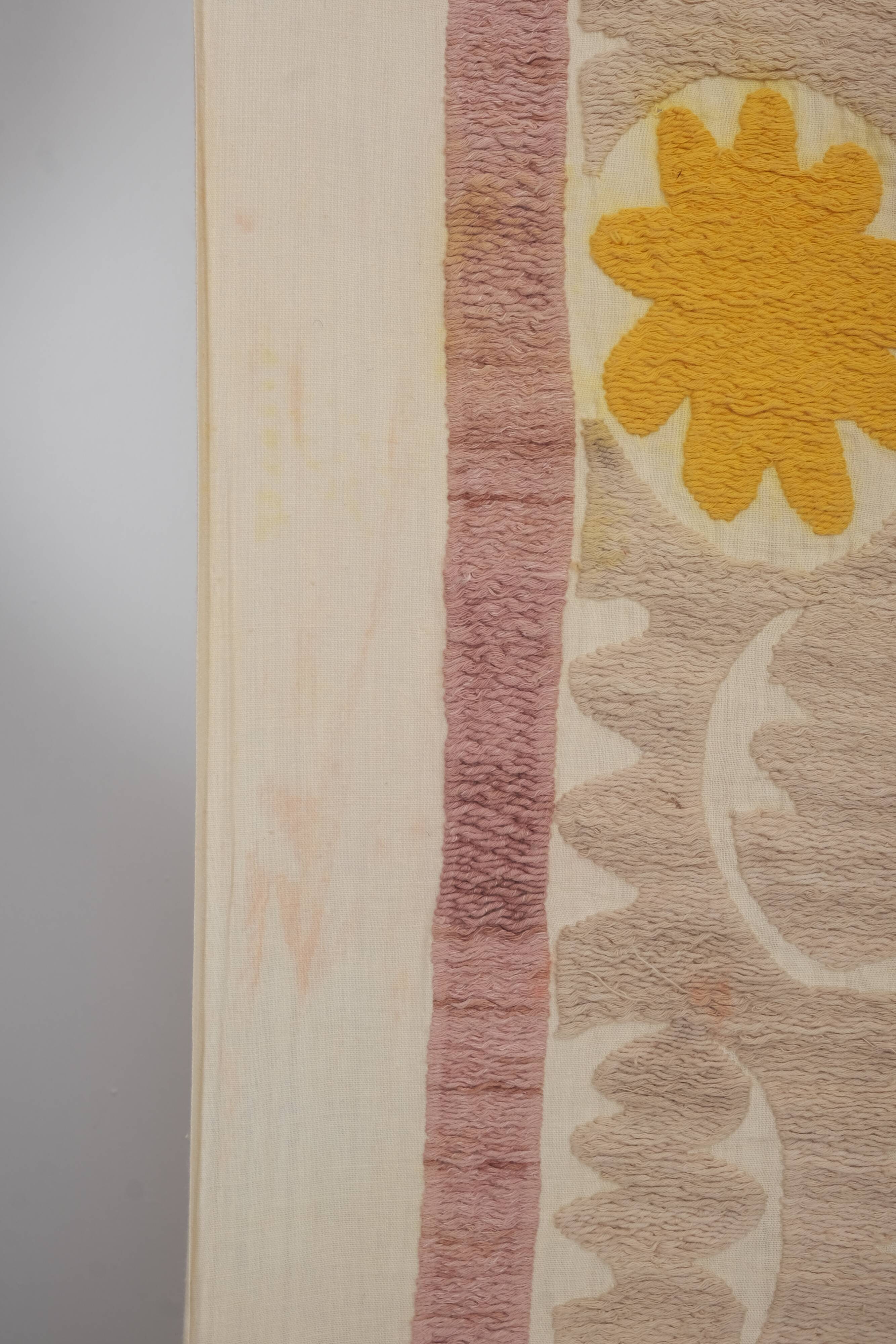 Embroidered tan suzani table cover, vintage tan and pink old embroidery textile