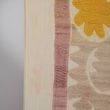 Embroidered tan suzani table cover, vintage tan and pink old embroidery textile