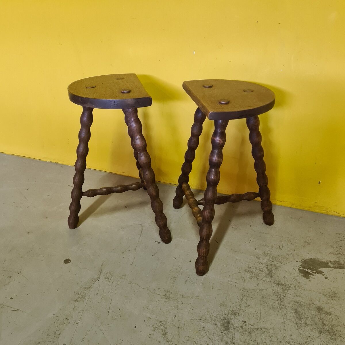 Set vintage french wooden peasant stools, from the 1970