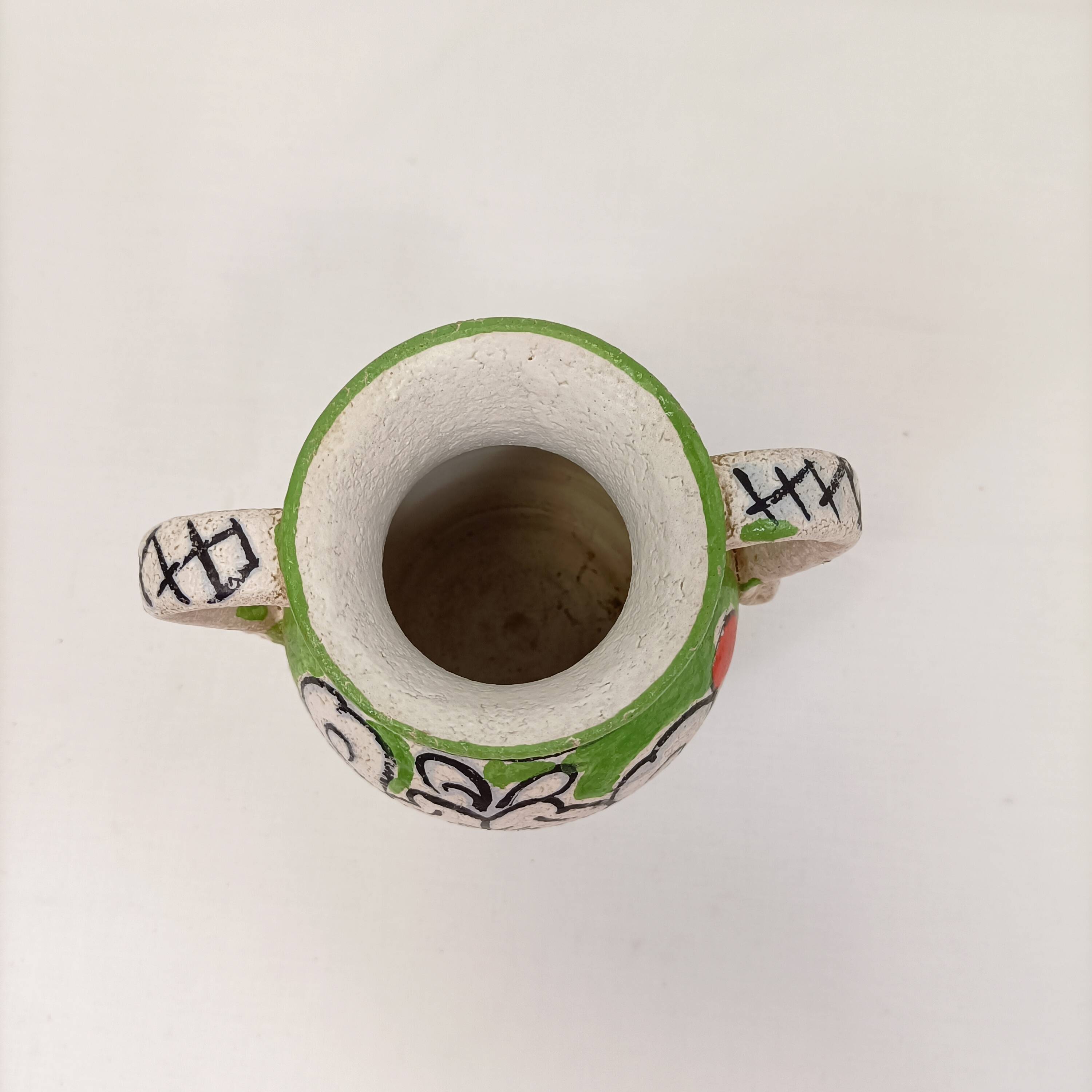 Handcrafted enamelled vase with green and red floral decoration – Italy 15 cm