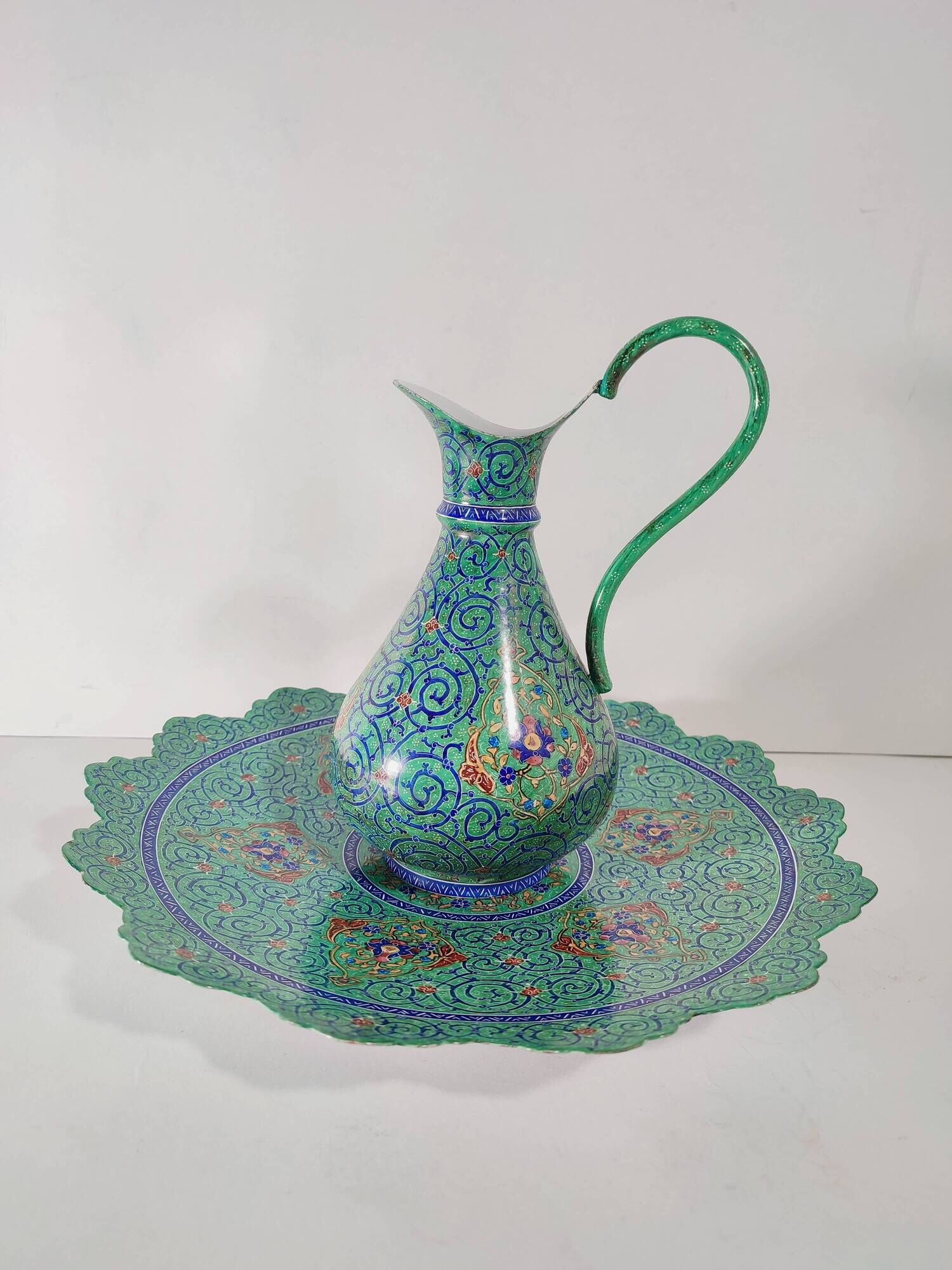Minakari Signed Enameled Sheet Metal Ewer and Dish / 20th Century Middle East / Jug